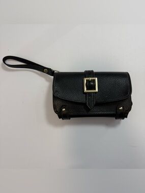 Black Leather Wristlet Clutch with Square Buckle back not connected on one side